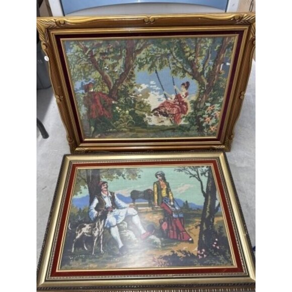 Pair Antique Needlepoints In Beautiful Frames! Couples, Rococo “The Swing” 32x25 - Picture 1 of 6
